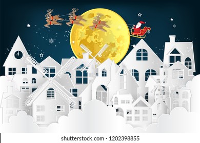 Paper art and craft style of Santa Claus on Sleigh and Reindeer over the snow city clouds and merry christmas in the winter background as holiday and x'mas day concept. vector illustration.