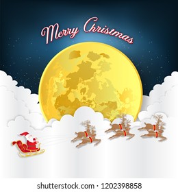 Paper art and craft style of Santa Claus on Sleigh and reindeers on the snow clouds background as holiday and x'mas day concept. vector illustration.