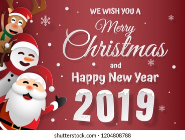 Paper art, Craft style of Santa Claus, Snowman and Reindeer greeting with text, Merry Christmas and Happy New Year 2019