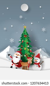 Paper art, Craft style of Santa Claus with friends with Christmas tree at snow mountain, Merry Christmas and Happy New Year
