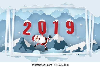Paper art, Craft style of Santa Claus with word 2019, Merry Christmas and Happy New Year