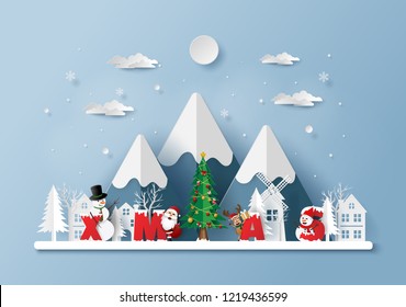 Paper art, Craft style of Santa Claus and friends in the village with word XMAS , Merry Christmas and Happy New Year