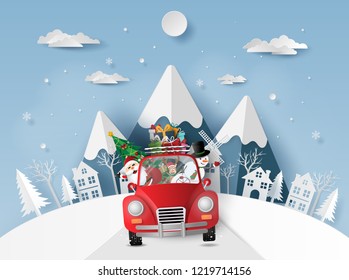 Paper art, Craft style of Santa Claus and friends in red car in the village, Merry Christmas and Happy New Year