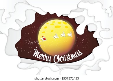 Paper art and craft style of Santa Claus on Sleigh and reindeers on the snow layer background as holiday and x'mas day concept. vector illustration EPS10.