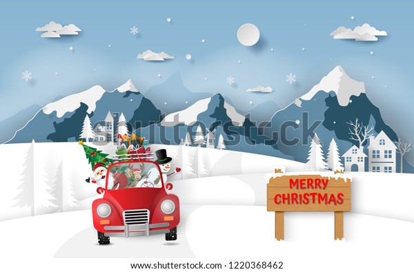 Paper art, Craft style of Santa Claus and friends in\
red car driving through the village, Merry Christmas and Happy New\
Year