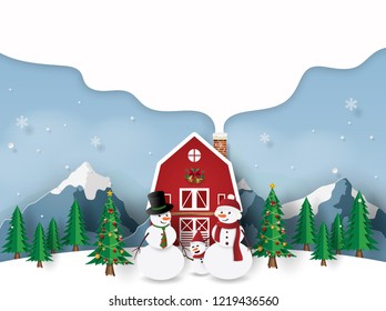 Paper art, Craft style of Snowman's family with red house in Christmas day, Merry Christmas and Happy New Year