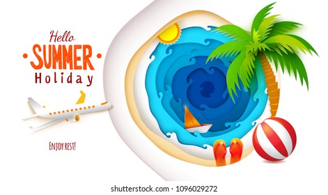 Paper art and craft style. Sun, sea, palm, flip-flops and aircraft is flying to rest. Vector Paper art cut out illustration. Tropic landscape for travel, vacation, adventure banners. Summer lettering