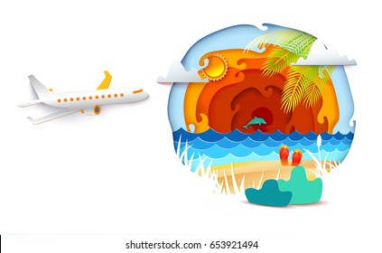 Paper art and craft style. Sun, sea, palm leaves and airplane is flying on the sky. Vector Paper cut illustration. Tropic landscape for travel, vacation, adventure banners.