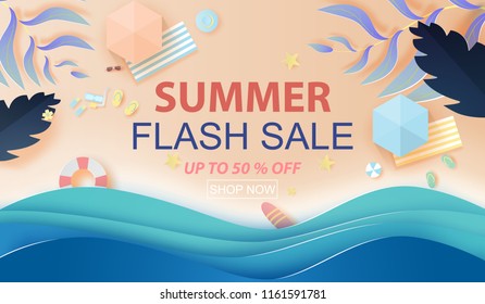 paper art and craft style of top view Summer sale banner design tropical beach background. Vector illustration