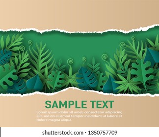 Paper art and craft style of tropical leaves with ripped paper, save the planet and energy concept, flat-style vector illustration.