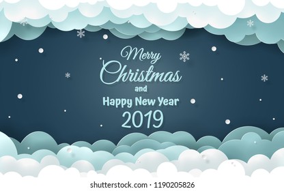 Paper art, Craft style of Word of 'Merry Christmas and Happy New Year 2019' background for banner or invitation card