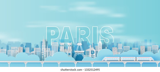 Paper art and craft of Traveling holiday Eiffel tower Paris city France,Website Travel holiday time transportation train landmarks city pastel color landscape concept your text space background.vector