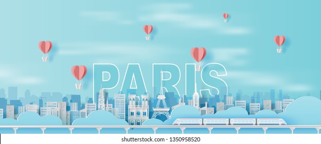 Paper art and craft of Traveling holiday Eiffel tower Paris city France,Travel holiday time transportation train landmarks city pastel color landscape concept, Balloon heart Float on air sky.vector.