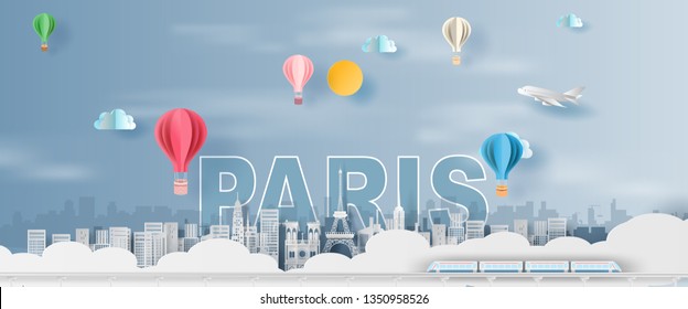 Paper art and craft of Traveling holiday Eiffel tower Paris city France,Travel holiday time transportation train landmarks city pastel color landscape concept,Creative paper cut balloon color.vector.