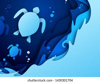 Paper art craft of underwater seascape: undersea world and ocean wildlife: reef, water waves and turtles. Blue origami of cut out layers cardboard with texture. Marine life concept