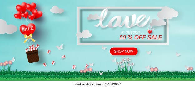 Paper art and craft of Valentine's day website banner with text love and ballon sale concept,clouds,gift,heart. Vector