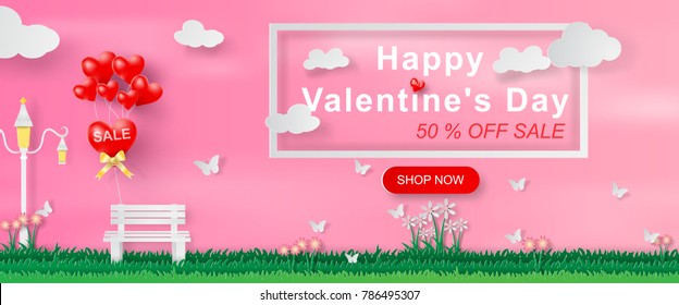 Paper art and craft of Valentine's day website banner with text love,park bench and ballon sale concept,clouds,pink,heart.Vector illustration