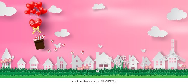 Paper art and craft of Valentine's day website banner with text love cityscape and ballon,clouds,heart,home.Vector illustration