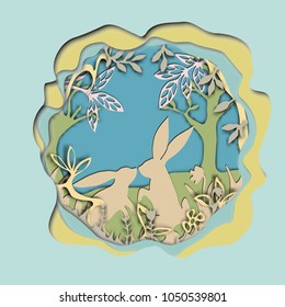Paper art craft  vector illustration. Couple of rabbits on a lawn in the spring forest. Happy Easter Day card. 