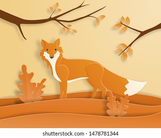 Paper art craft wild fox in the autumn forest. Vector illustration in paper cut style. Design for wallpaper, backdrop, cover, template, poster, postcard, card.