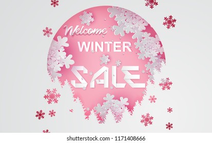 Paper art and craft of winter sale with snow.pink color pastel tone for banner advertising concept design.vector illustration