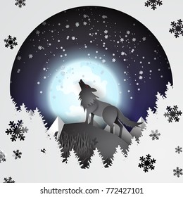 Paper art and craft  of Wolf on mountian with snow and full moon in the winter season.vector