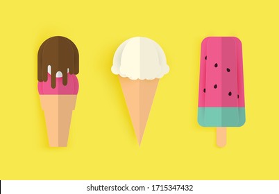 paper art and crafts colorful ice cream set on yellow background. Vector illustration. icecream paper.