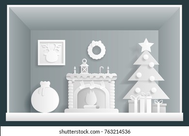 Paper Art Cristmas Room New Year House Greeting Card Elements Design Flat Template Vector Illustration