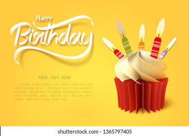 Paper Art Of The Cup Of Cake And Happy Birthday Calligraphy Hand Lettering, Vector Art And Illustration.