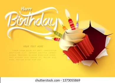 Paper art of cupcake break thru paper, Valentine's day celebrate, vector art and illustration