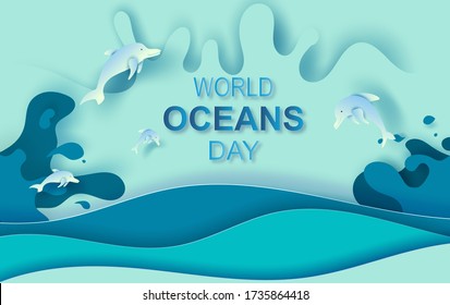 Paper art and cut concept of World Oceans Day. Celebration dedicated to help protect sea earth and conserve water ecosystem. Blue origami craft paper of sea waves.Dolphins are jumping happily in sea.