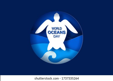 Paper art and cut concept of World Oceans Day. Celebration dedicated to help protect sea earth and conserve water ecosystem. Blue origami craft paper of sea waves.paper turtle banner poster.