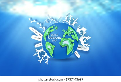 Paper art and cut concept of World Oceans Day. Celebration dedicated to help protect sea earth and conserve water ecosystem. Blue origami craft paper of sea waves.Underwater poster background vector.