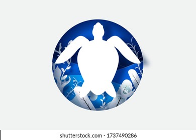 Paper art and cut concept of World Oceans Day. Celebration dedicated to help protect sea earth and conserve water ecosystem. Blue origami craft paper of sea waves.paper turtle banner poster.