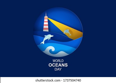 Paper art and cut concept of World Oceans Day. Celebration dedicated to help protect sea earth and conserve water ecosystem. Blue origami craft paper of sea waves.Dolphins are jumping happily in sea.