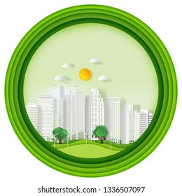 Paper art , cut and craft layer style of green eco urban city with people and nature cityscape background as Ecology design and environment conservation creative idea concept. Vector illustration.