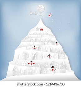 Paper art , cut and craft style design of Santa Claus on Sleigh and Reindeer in on Christmas peak mountain as holiday and Merry X'mas day concept. vector illustration.