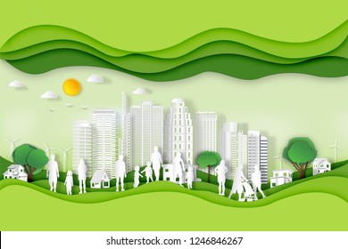 Paper Art , Cut And Craft Style Of Green Eco Urban City With People And Nature Cityscape Background As Ecology Design And Environment Conservation Creative Idea Concept. Vector Illustration.