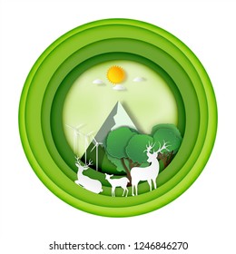 Paper art , cut and craft style of Green forest and deers wildlife in circle nature background layers as Saving the world with ecology and environment conservation concept. Vector illustration.