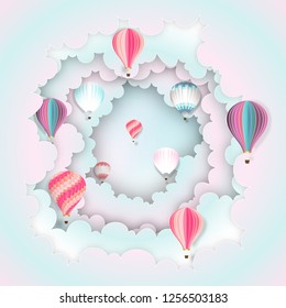 Paper art , cut and craft style of Hot air balloons on the pastel sky background as technology , business and transportation concept. vector illustration.