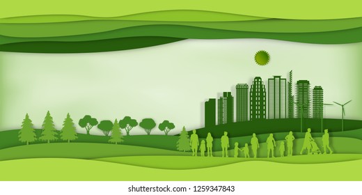 Paper art , cut and craft style of green eco urban city with people and nature cityscape background as Ecology design and environment conservation creative idea concept. Vector illustration.