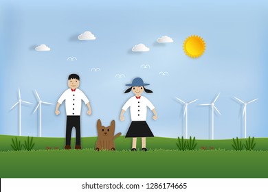 Paper art , cut and craft style of Students on the green way to study  as back to school concept. vector illustration.