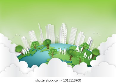 Paper art , cut and craft style of green eco urban city with people and nature cityscape background on the earth as Ecology and environment conservation creative idea concept. Vector illustration.