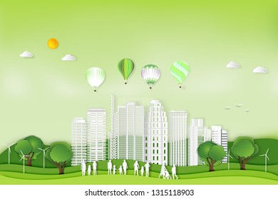 Paper art , cut and craft style of green eco urban city with people , hot air balloons and nature cityscape background as Ecology and environment conservation creative concept. Vector illustration