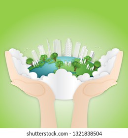 Paper art , cut and craft style of hand hold the green eco urban city with people on the earth as Ecology and environment conservation creative idea concept. Vector illustration.
