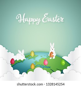 Paper art , cut and craft style of colorful of eggs and rabbit on the world as Easter Holiday concept. vector illustration.