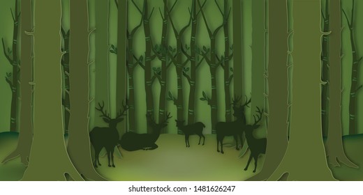 Paper art , cut and craft style of Green forest and deers wildlife with nature background layers as Saving the world with ecology and environment conservation concept. Vector illustration.