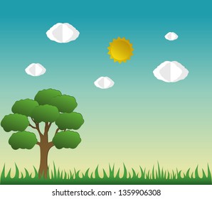 Paper art cut design with Cloud and tree on landscape, Blue sky with clouds and sun. Bright morning and fresh air