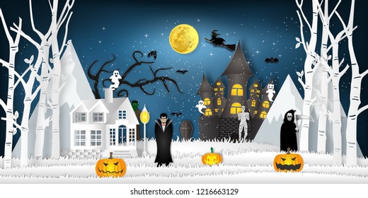 Paper art , cut and digital craft style of the festival characters in the dark night Halloween and full moon background as happy festival day and party concept. vector illustration.