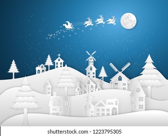 Paper art , cut and digital craft style of Santa Claus on Sleigh and Reindeers in the snow village in the winter background as holiday and x'mas day concept. vector illustration.